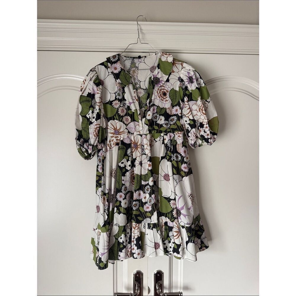 Maje Floral Puff-Sleeve Dress in Green & White